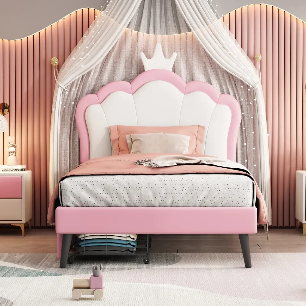 Upholstered Princess Bed, Beds with Crown Headboard and 2 Drawers, White and Pink, Platform Bed with Headboard and Footboard