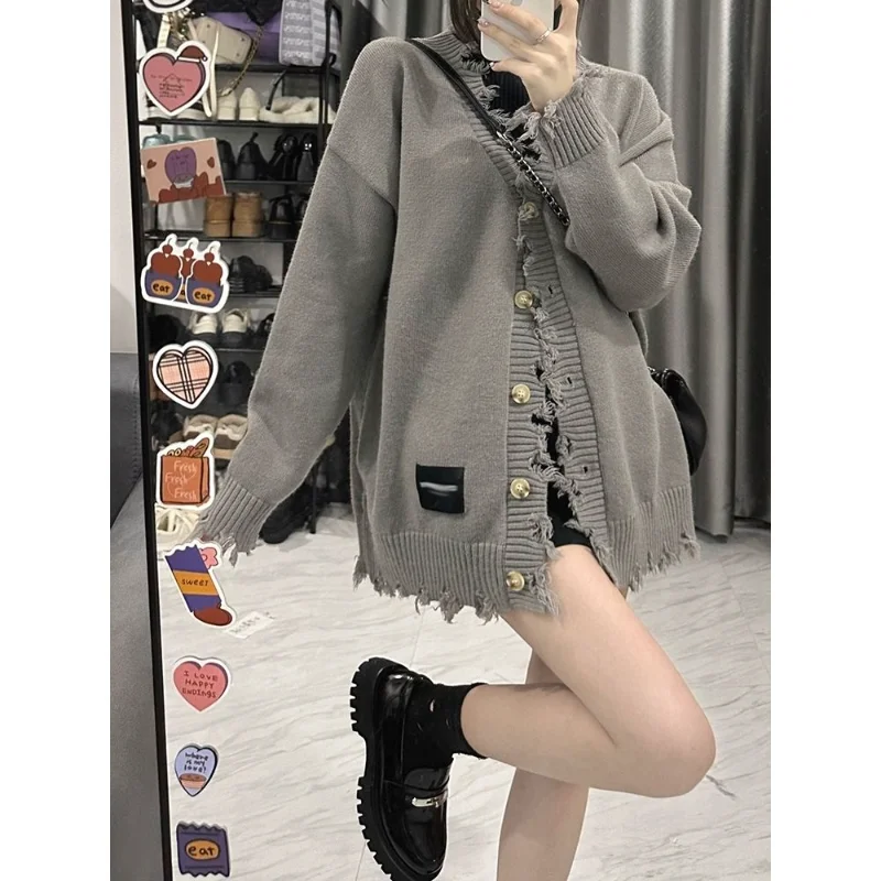 Deeptown Vintage Gray Sweater Cardigan Women Distressed  Korean Style Oversize Jumper Jerseys Grunge Basic Knitted Top Female