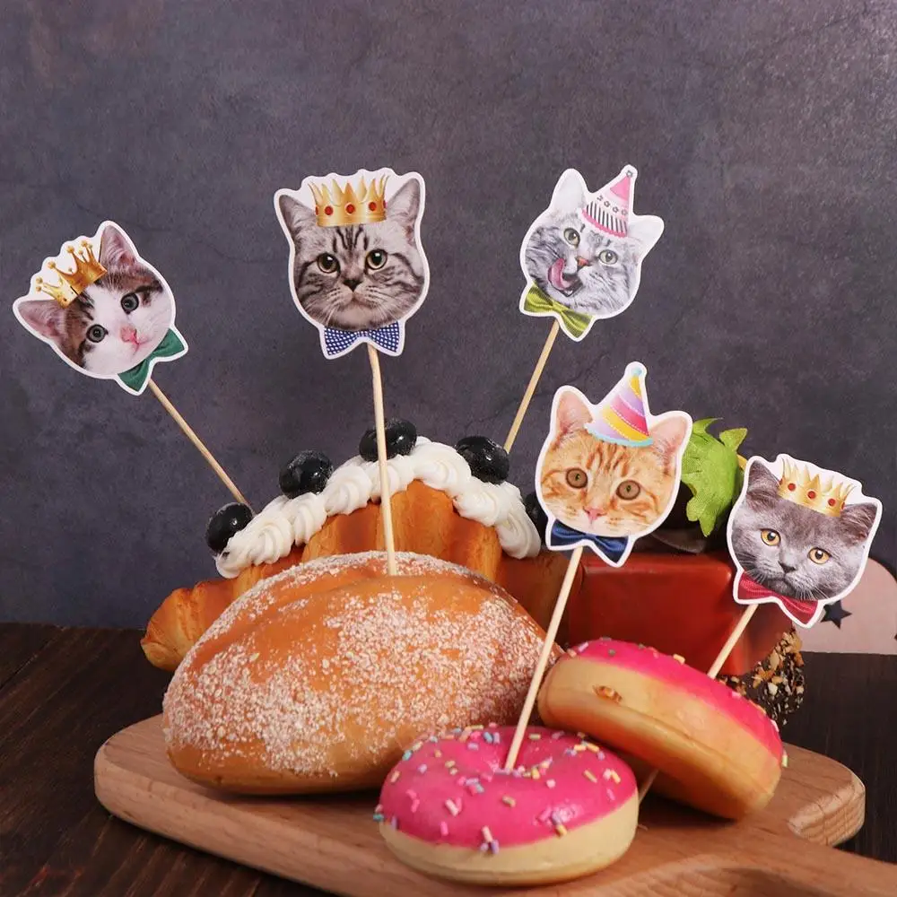 8pcs Party Decoration Cute Cat Face Insert Card Non Toxic Disposable Cat Cupcake Toppers Single Side DIY Cake Flag Home