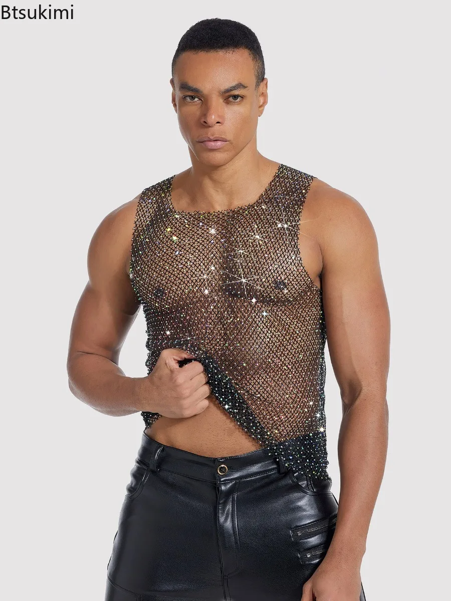 2026 Men's Summer Hollow Mesh Diamond Style Sleeveless T-Shirt Vest Sexy Fashion Trend Leisure Slim Breathable Men's Tank Tops