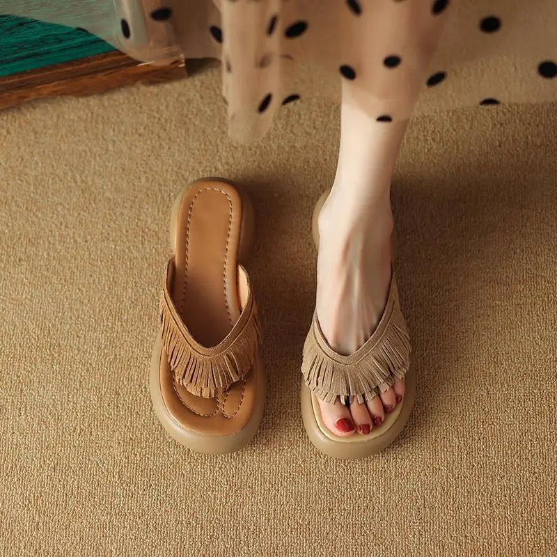 

Summer 2024 Women's Retro Briti Sle Tassel Thong Sandals High Heel Thi Bot Outdoor Casual oes Leather Upaded