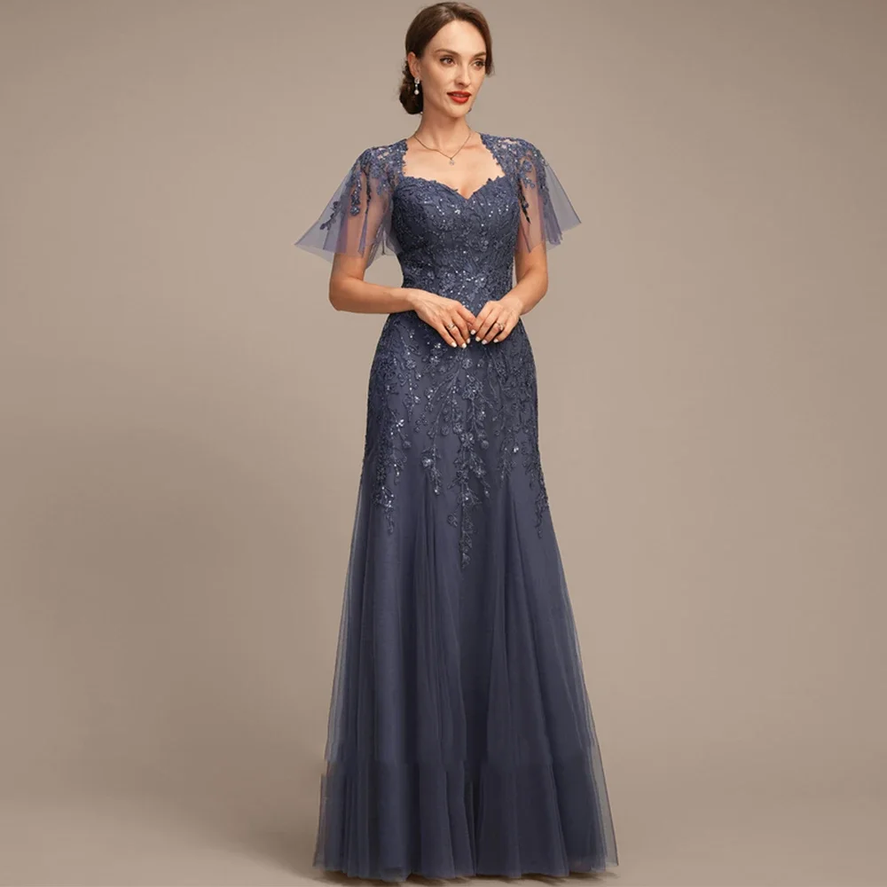 Simple Straples Sheath Mother of Bride Dresses with Lace Short Sleeve Floor Length Wedding Party Gown Summer Robe De Soirée