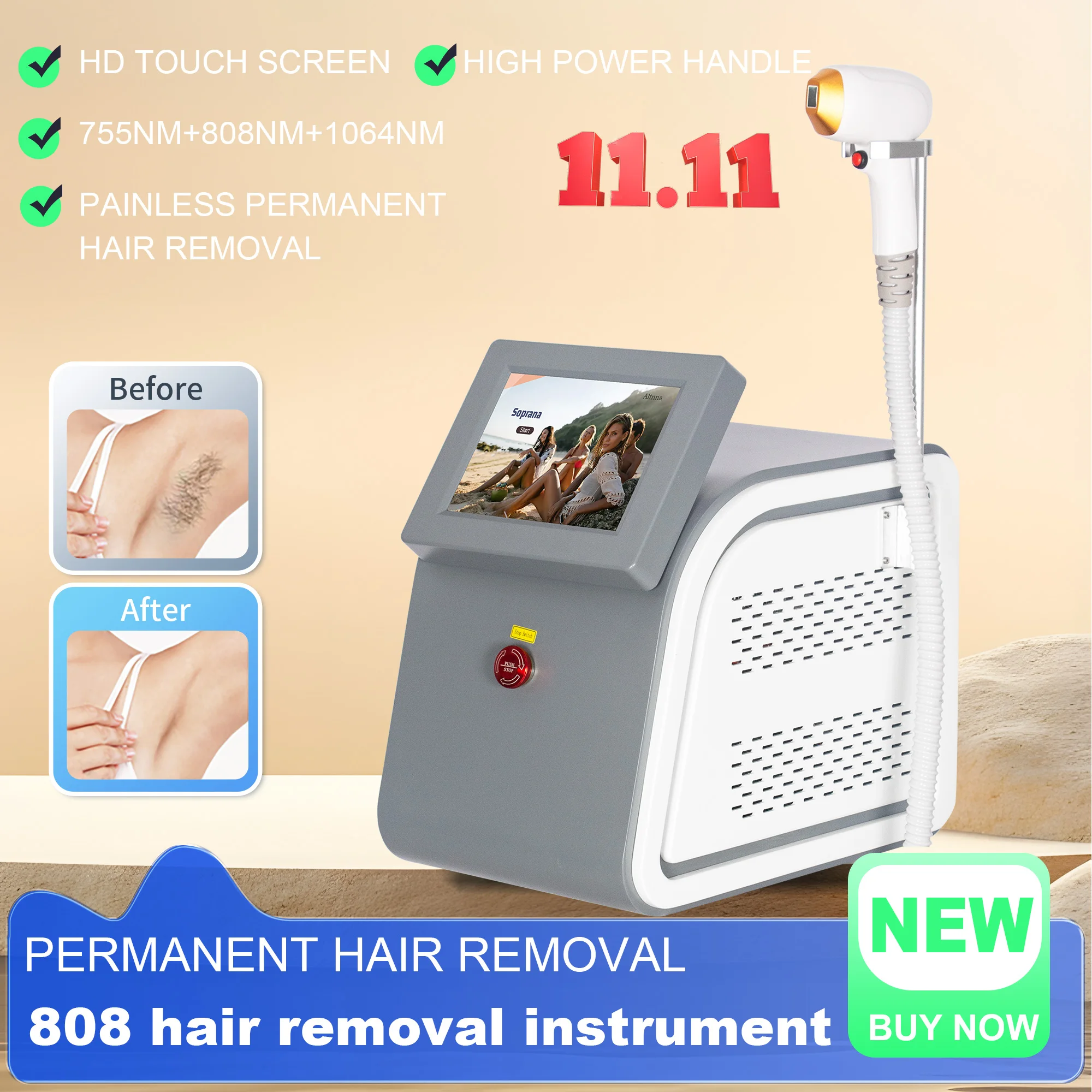

Ice Titanium Epilator Diode La-ser Painless 3 Wavelength Permanent 3500W Power Hair Removal Machine Whole Body 755 808 1064nm