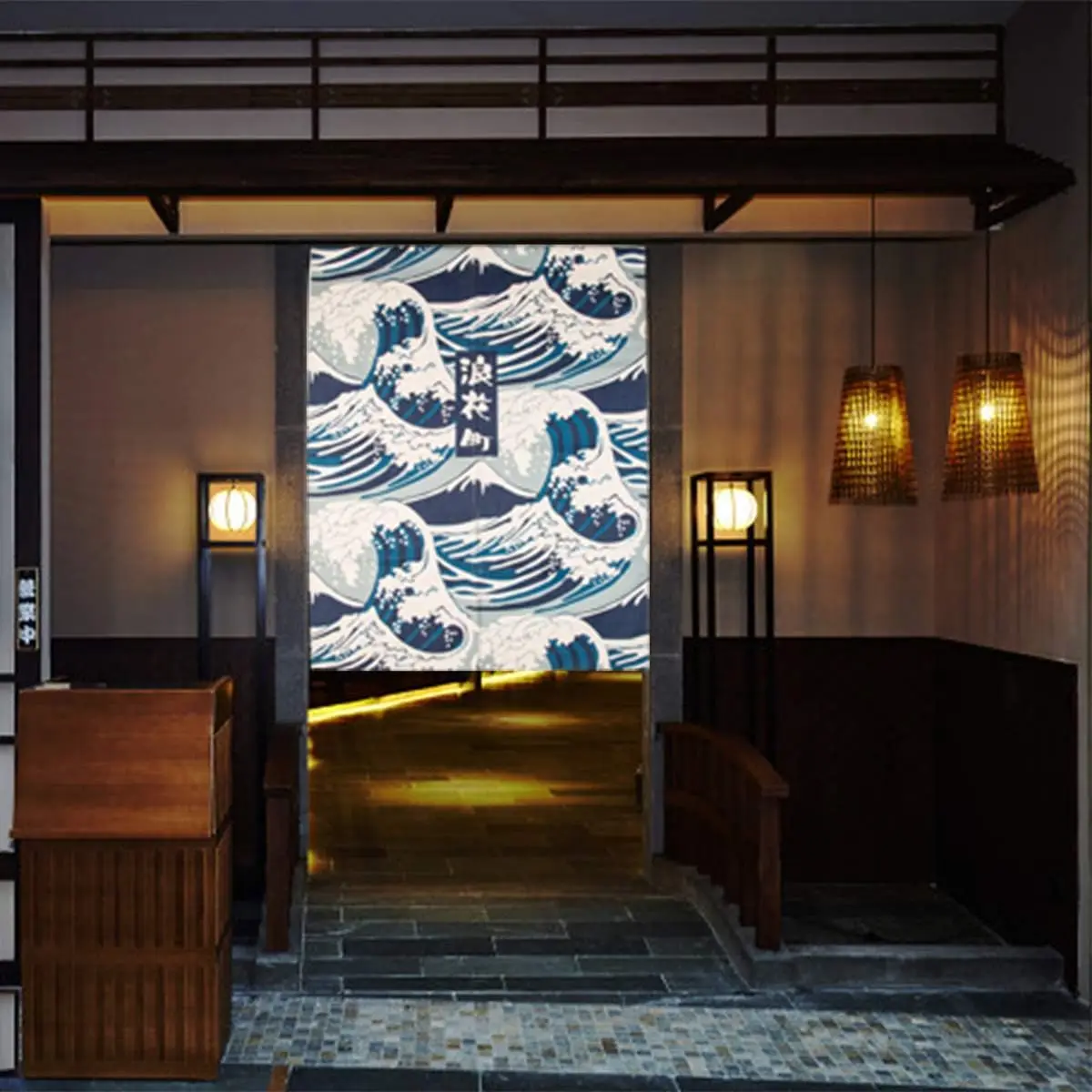 Japanese Ukiyo-e Great Wave Door Curtain, Blue Background Wave,Mount Fuji 