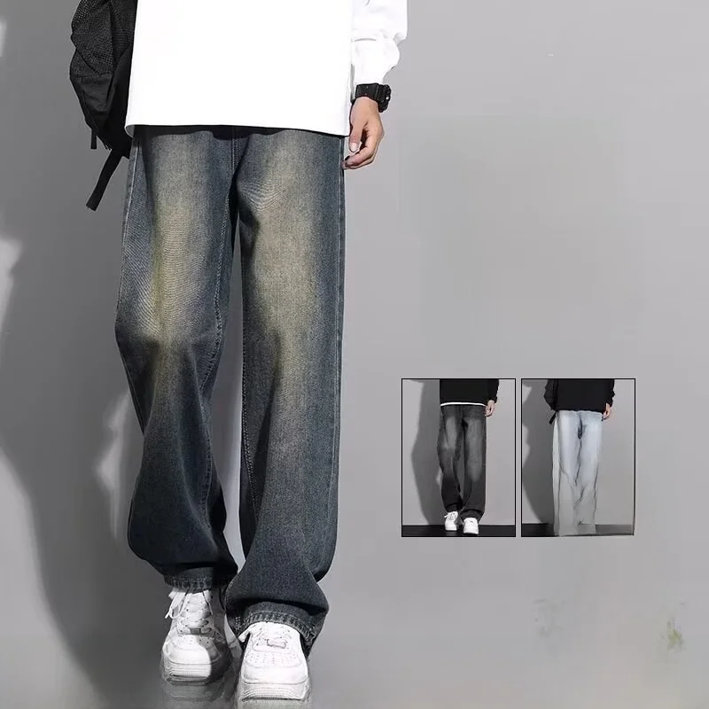 

Japanese Style Elastic Waist Retro Men's Jeans Trendy Brand Winter Fleece Lined Thickened Loose Wide Leg Casual Long Pants Me...