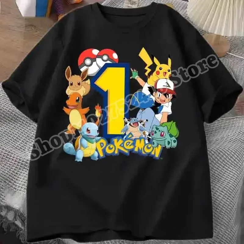 

Pokemon Children Black Short Sleeved T-shirt Anime Birthday Number Print Pullover Cartoon Summer Casual Breathable Tops Gifts