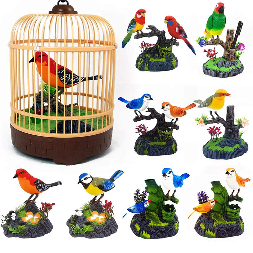 Imitação de brinquedo de pássaro, gaiola de canto, ornamento elétrico, decoração artificial, voz