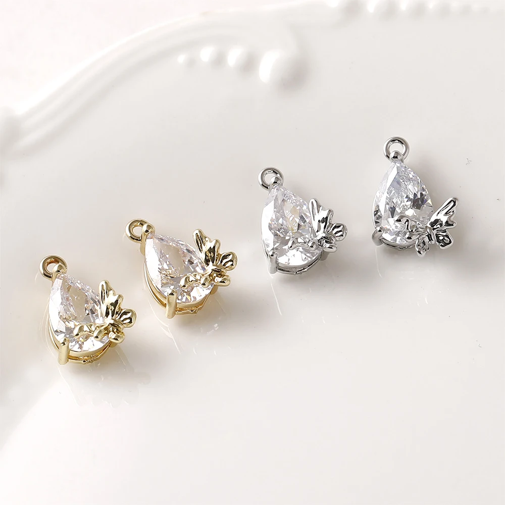 

4 Pieces Copper Plated with 14k Gold Inlaid Zircon Butterfly Droplet Pendant DIY Jewelry Making Necklace Bracelet Accessory