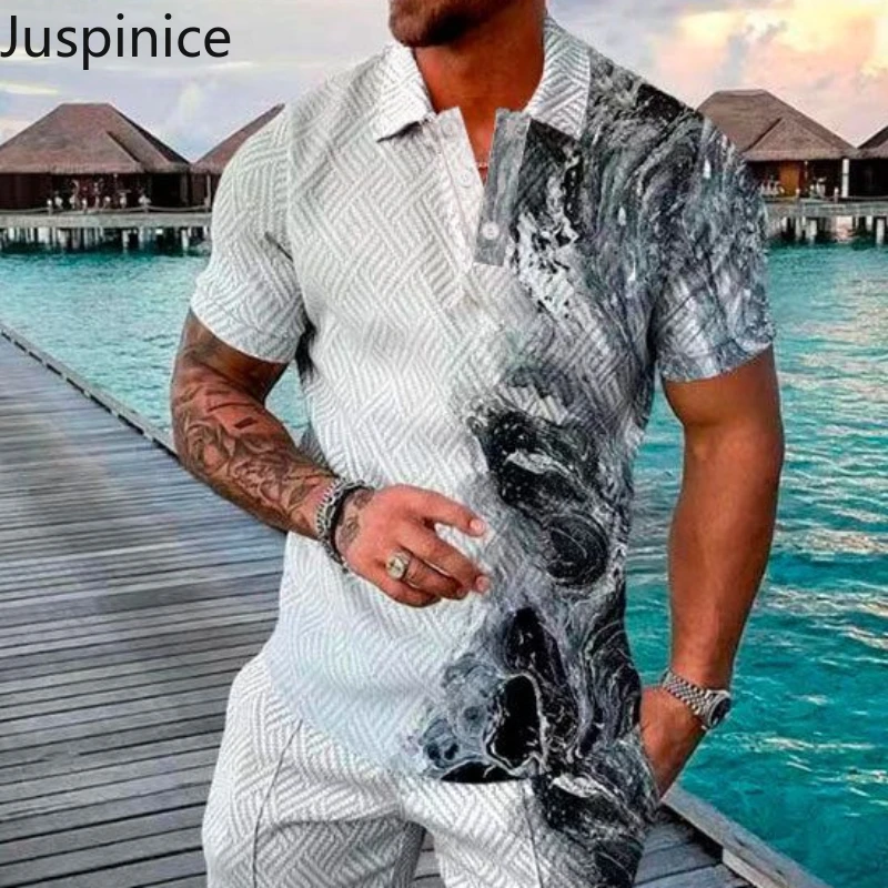

Summer Printed Oversize Polo Shirt Shorts Suit Men's High Street Personality Loose Casual Beach Style T-shirt Five-quarter Pants