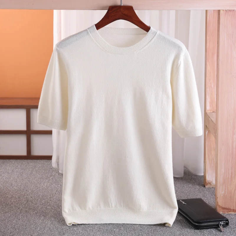 MVLYFLRT 100% Merino Wool Short Sleeved Men's Round Neck Pullover Vest Spring Summer Solid Color Knitted Half Sleeve Sweater