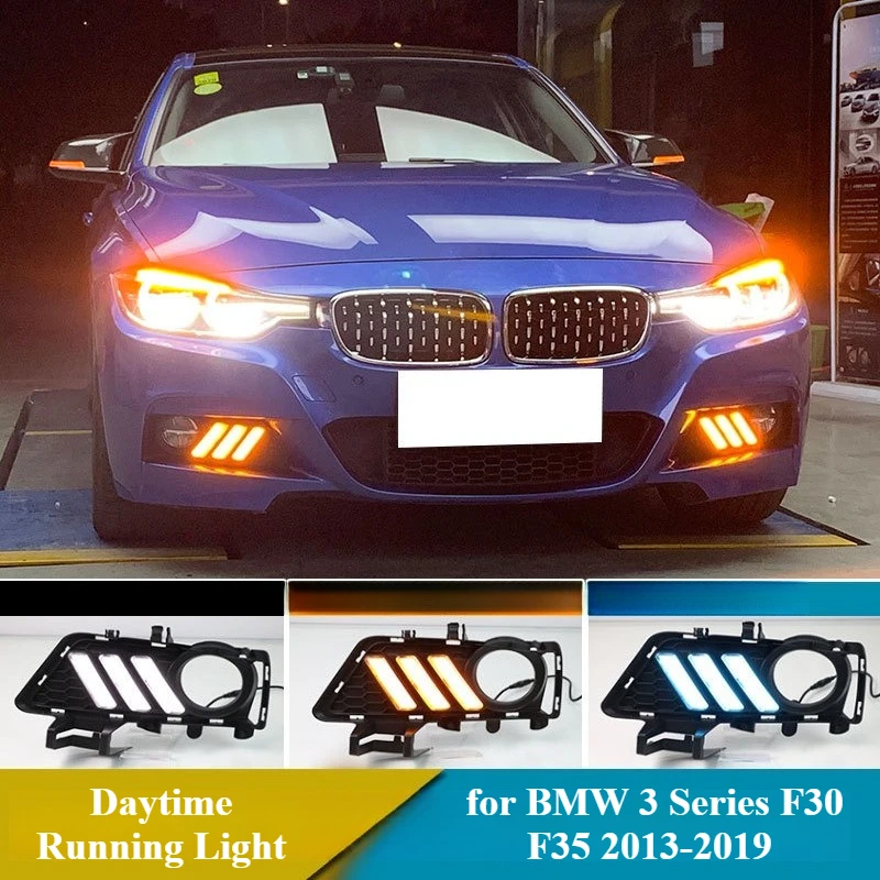 for BMW 3 Series F30 F35 2013-2019 Car Led Daytime Running Light Yellow Streamer Steering Front Bumper Fog Lamp 12V Daylights