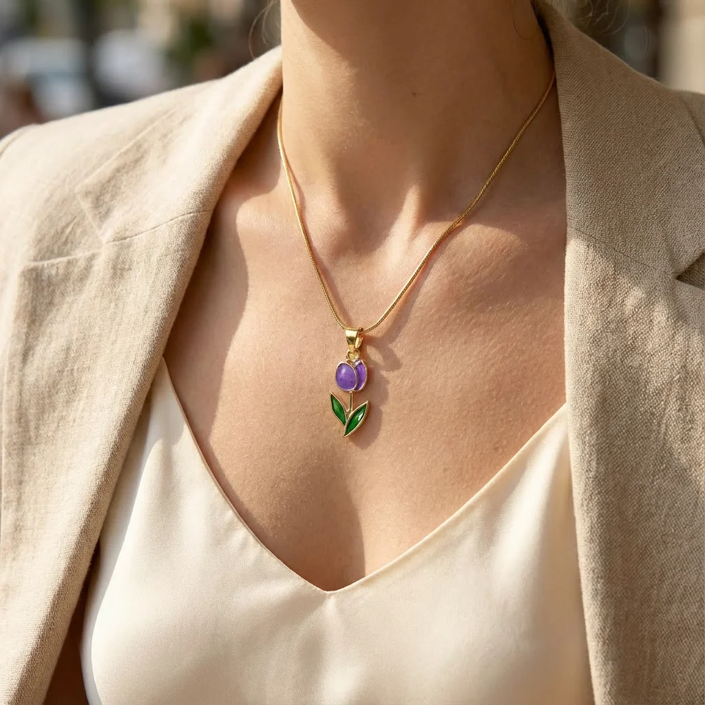 Vintage Enamel Tulip Necklace for Women Gold Color Snake Chain Pendant Necklace 2026 Spring Trend Aesthetic Jewelry Gift