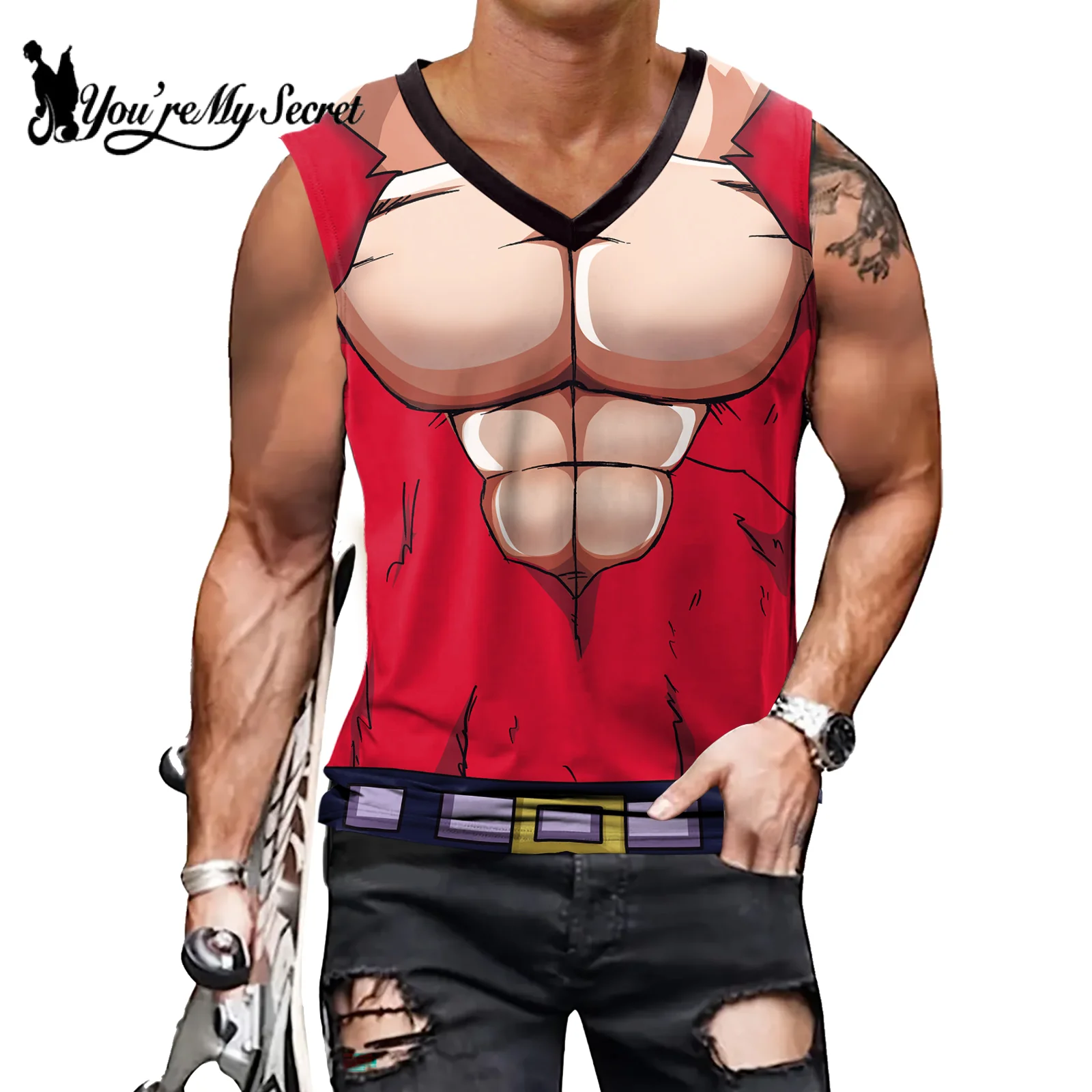 [Jesteś moim sekretem] japońskie anime superbohater Cosplay kamizelki z dekoltem w kształcie litery V męskie Fitness siłownia drukowane mięśni