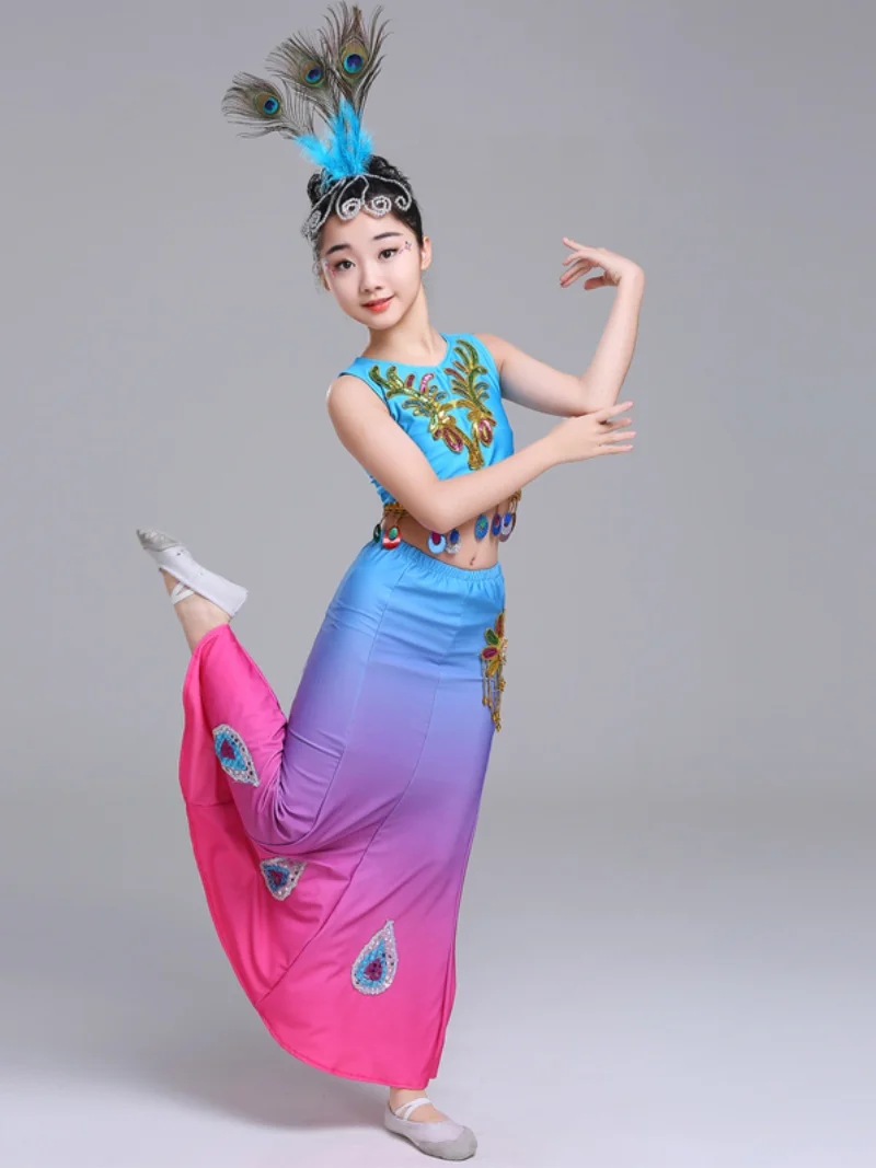 Chinese ethnic children's doubleshoulderDai dance dress Fishtail skirt Elastic peacockdance performance Girl's performance dress