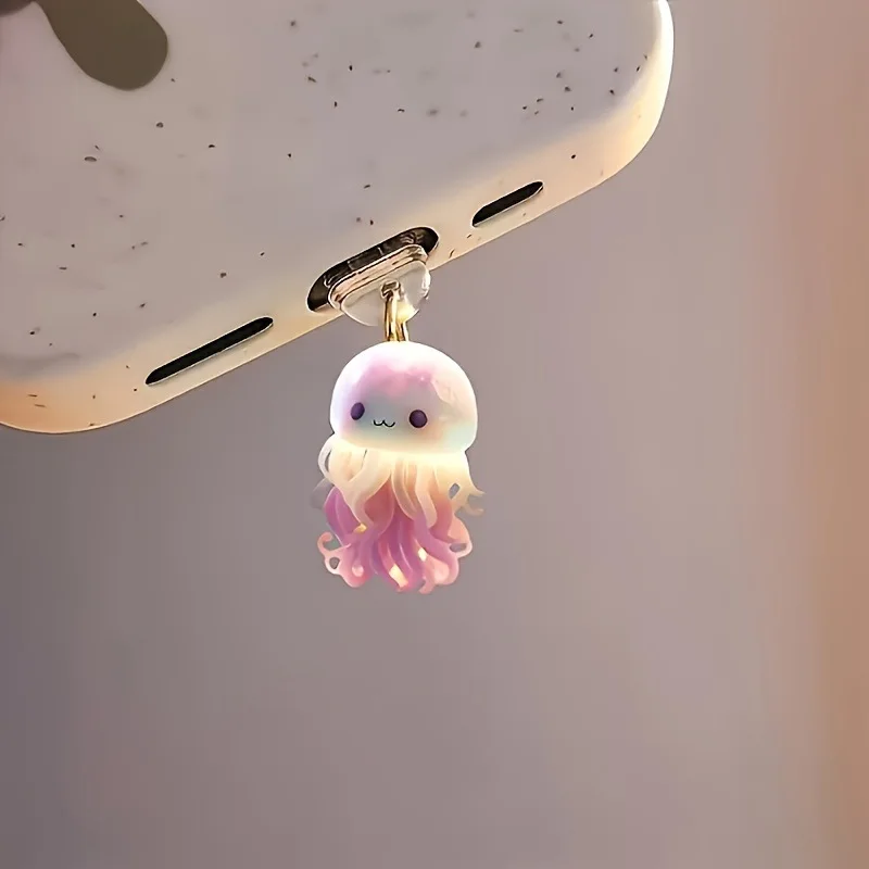 Pendentif anti-poussière pour téléphone portable, avec méduse rose en acrylique, accessoire de décoration en forme de poulpe, adapté au Port Android IPhone type-c