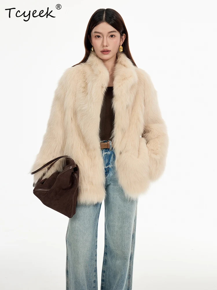 เสื้อโค้ทขนสัตว์แท้ Tcyeek สำหรับฤดูใบไม้ร่วงและฤดูหนาว ดีไซน์หรูหราทันสมัย ปกเสื้อแบบปกเชิ้ต ความยาวปานกลาง ขนฟ็อกซ์ สำหรับผู้หญิง ทำจากขนแกะและขนฟ็อกซ์