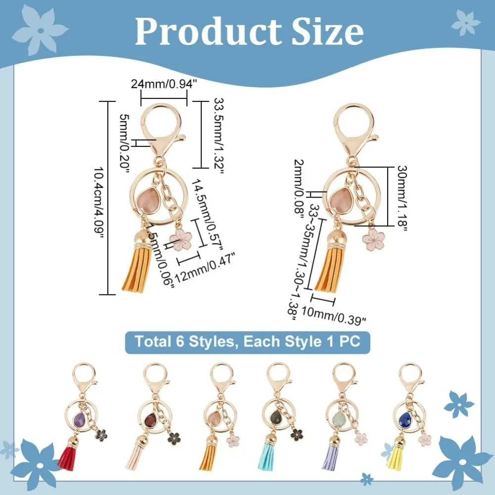 6 Pcs Tassel Keychain, 6 Styles Natural Gemstone Keychain Alloy Enamel Flower Charm Key Rings Car Keychain for DIY Jewelry