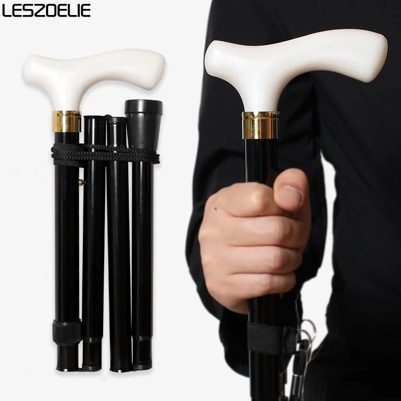 Adjustable Walking Stick 85cm-95cm Pearl White Handle Black Aluminum Alloy Folding Canes for Men And Women Foldable Stick