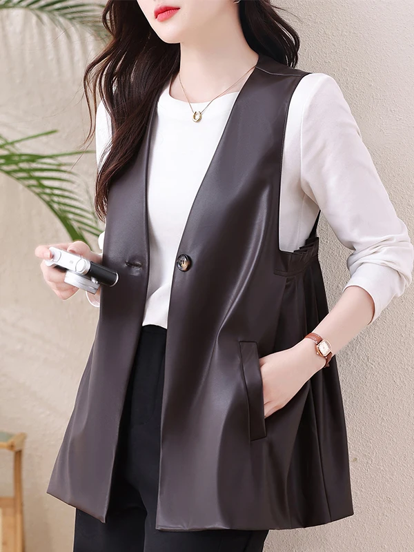 Fashionable plus Size PU Leather Vest Women's Loose Slimming Outerwear Versatile Sleeveless Top V-Neck Regular Length