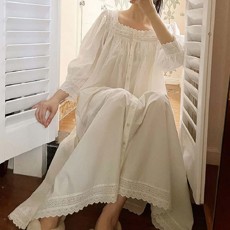 Vintage Embroidery Cotton Long Nightgowns For Lady Long Sleevec Elegant Cardigan Nightshirts Spring Autumn Comfortable Nigtwear