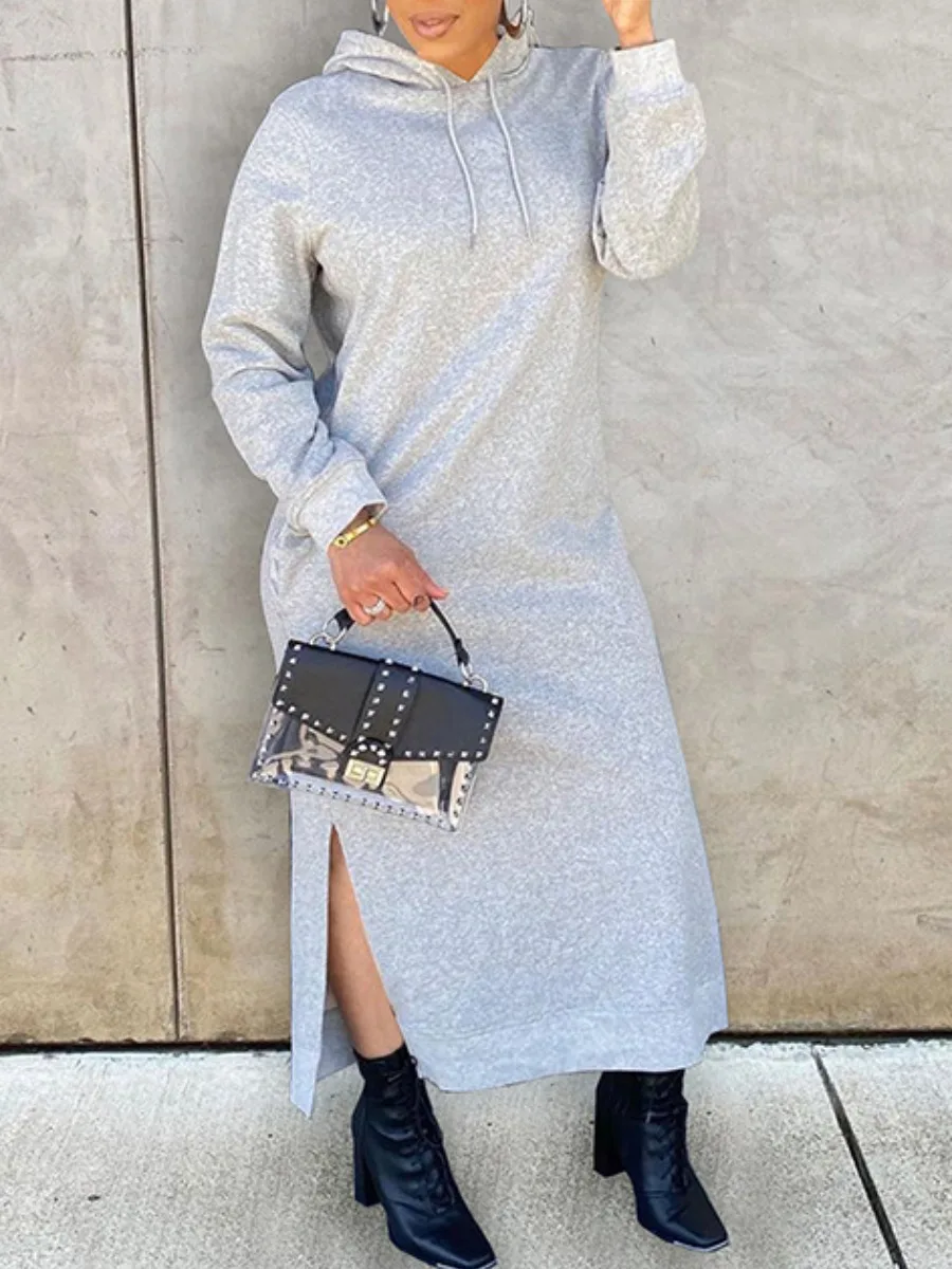 

LW Women's Tracksuit 2023 New Autumn Hooded Collar Warm Sweatshirt Long Sleeve Ankle Length Side Split Maxi Dress