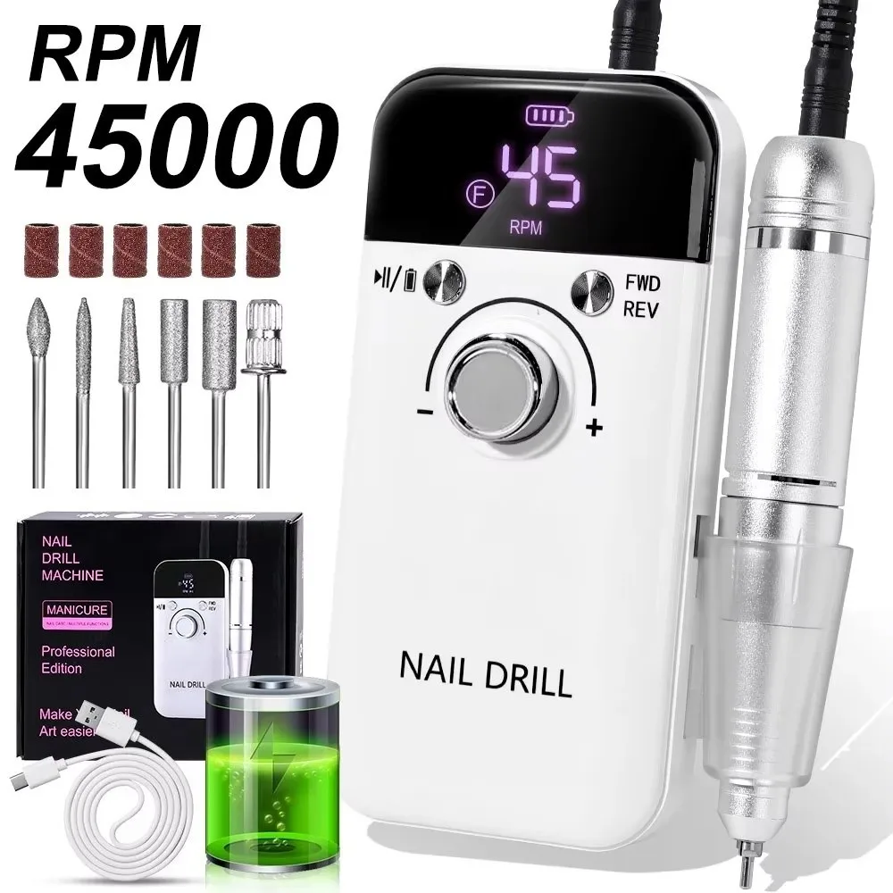 Professional Electric Nail Drill Machine Portable Rechargeable Nail Sander File 45000RPM Low Noise Manicure Salon Tool
