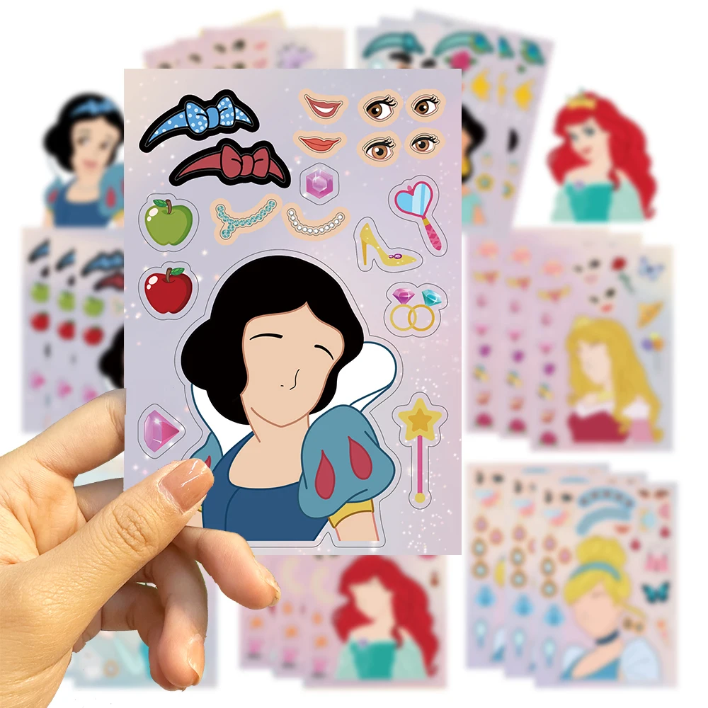 8/16sheets Cute Disney Cartoon Princess Puzzle Stickers Make A Face Children Assemble Jigsaw Decals Toys Kids Party Decorations