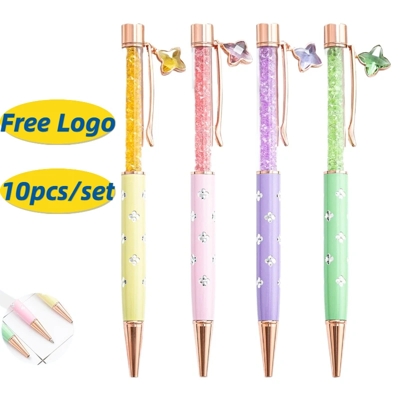 10pcs Crystal Pen Wholesale Four-leaf Clover Pendant Crystal Ballpoint Pen Free Logo Freebies Ballpoint Pen Set