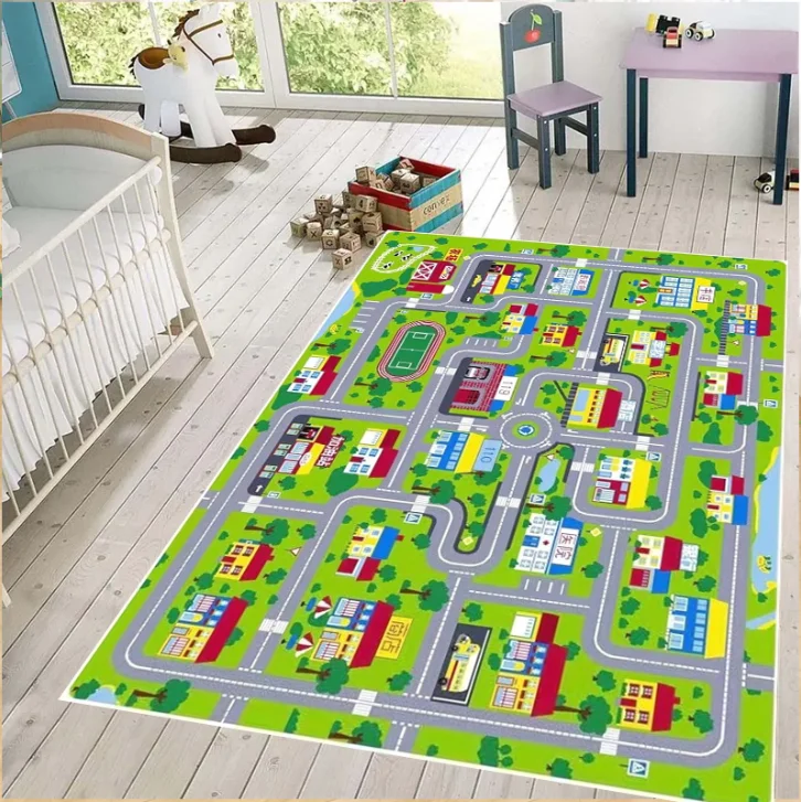 City Map Play Rug for Kids Room Town Road Track Carpet Toy Cars Interactive Playroom Floor Mat Nursery Toddler Home Decoration