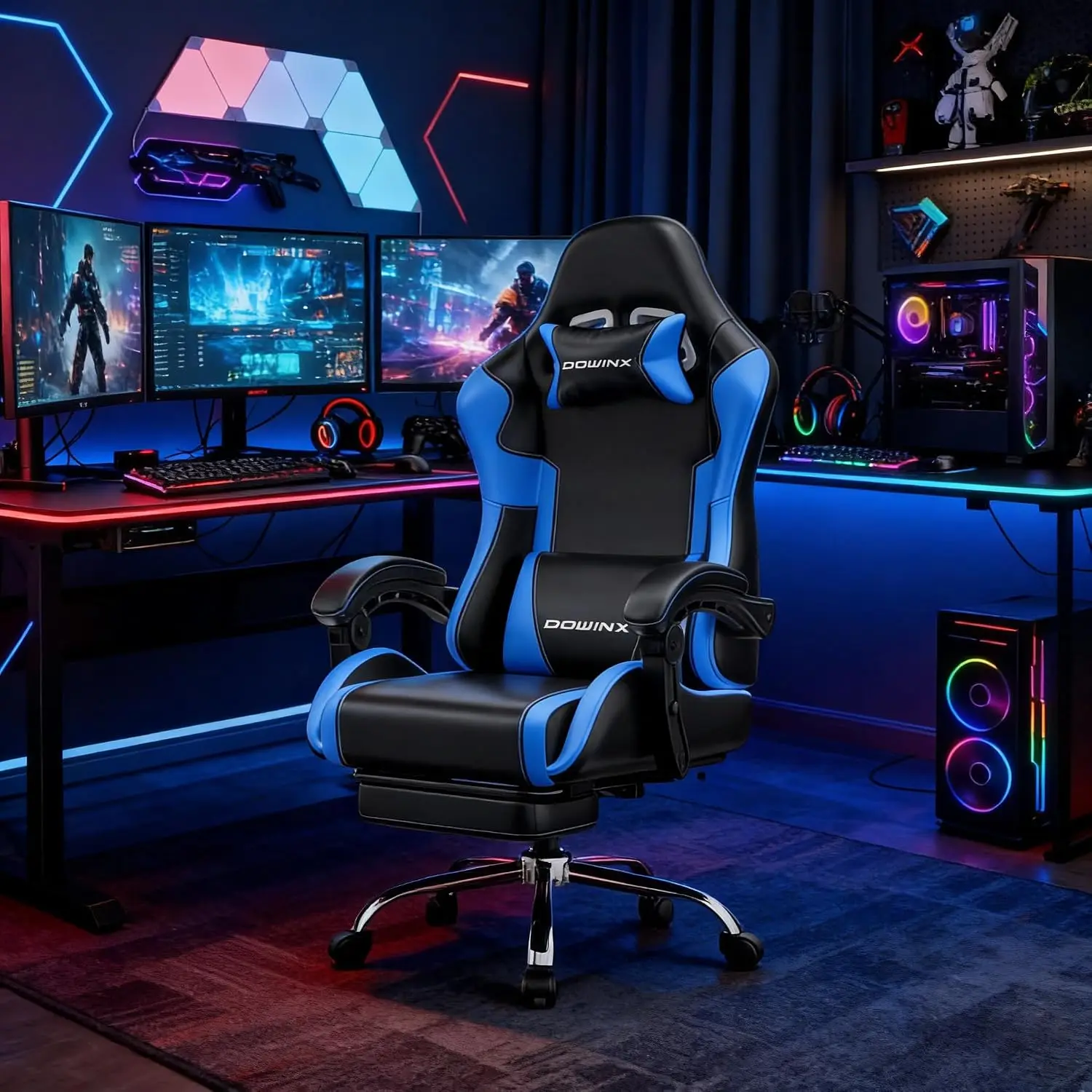 Ergonomic Gaming Chair Massage Lumbar Footrest Adjustable Headrest 330lbs Heavy Duty Office Back Pain Relief Blue, Customized