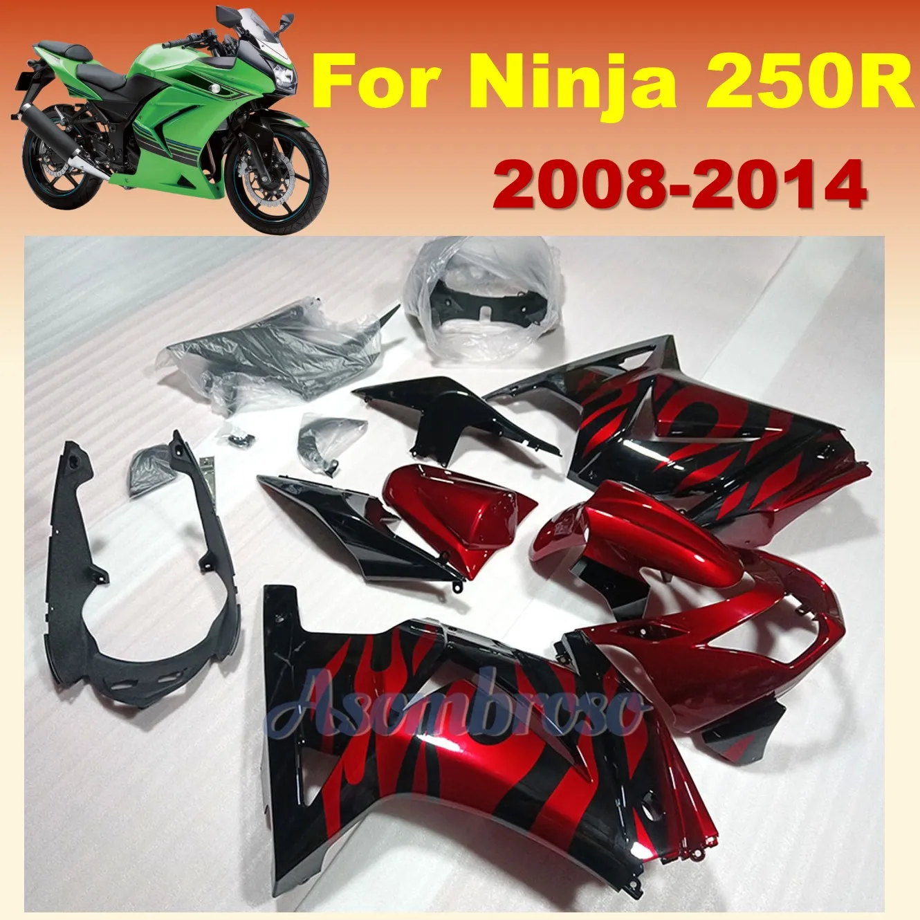 

Fit for Ninja 250R ZX250 2008 2009 2010 2011 2012 2013 2014 EX250 08-14 Motorcycle Fairing Injection Bodywork Red black flame
