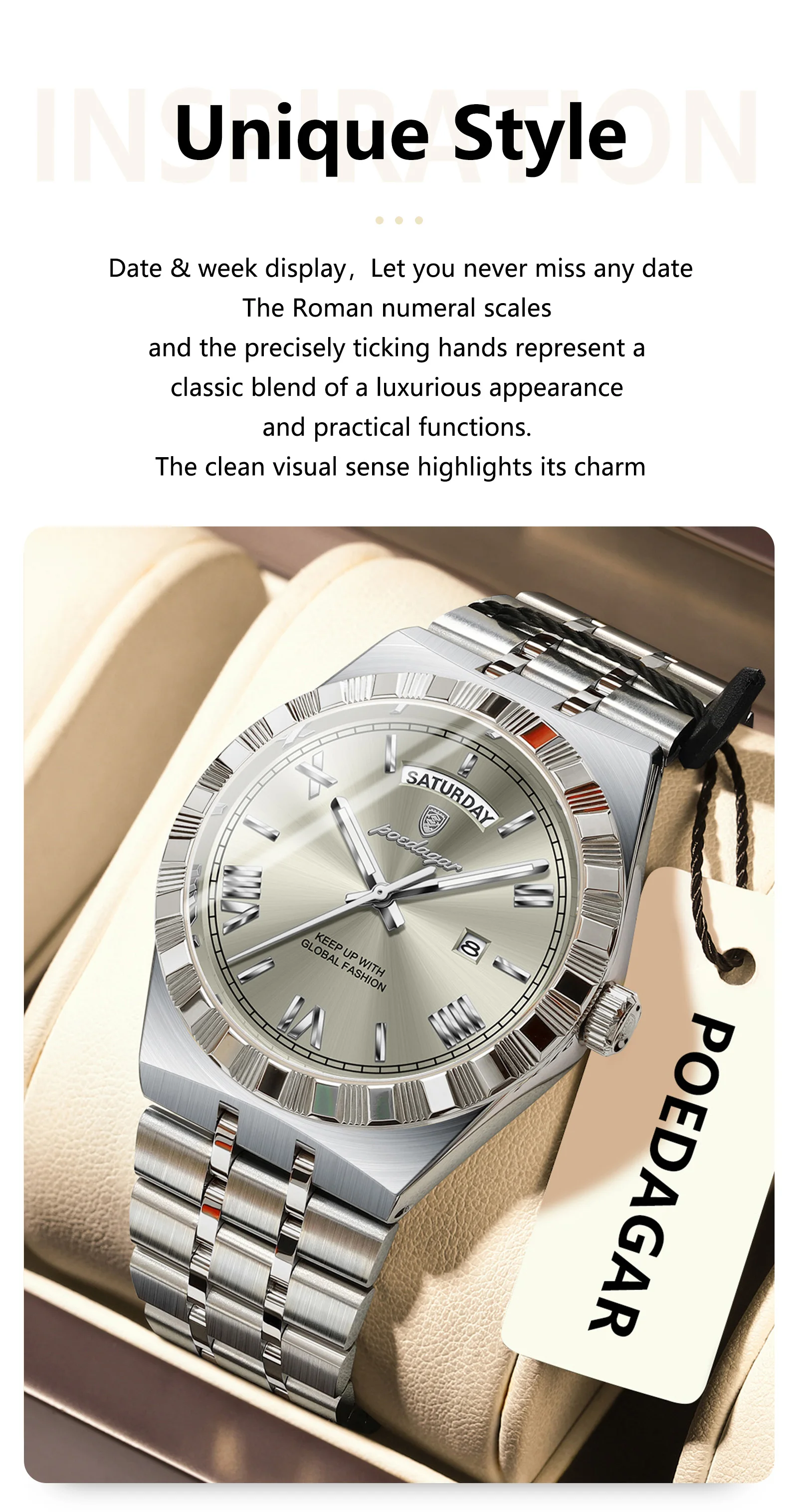 POEDAGAR Luxus Business Mann Uhr Woche Datum Wasserdicht Leuchtende Uhren Für Männer Edelstahl Quarz Mode männer Armbanduhr – Detail 3