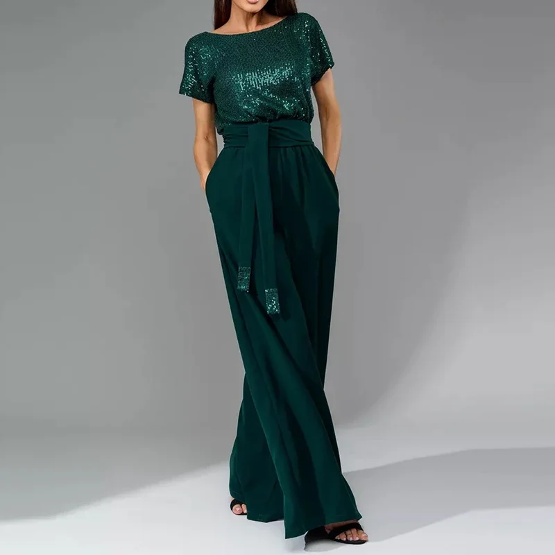 

Lady Fashion Sequin Patchwork Commuting Jumpsuit 2025 New Casual O Neck Lace Up High Waist Romper Elegant Short Sleeved Playsuit