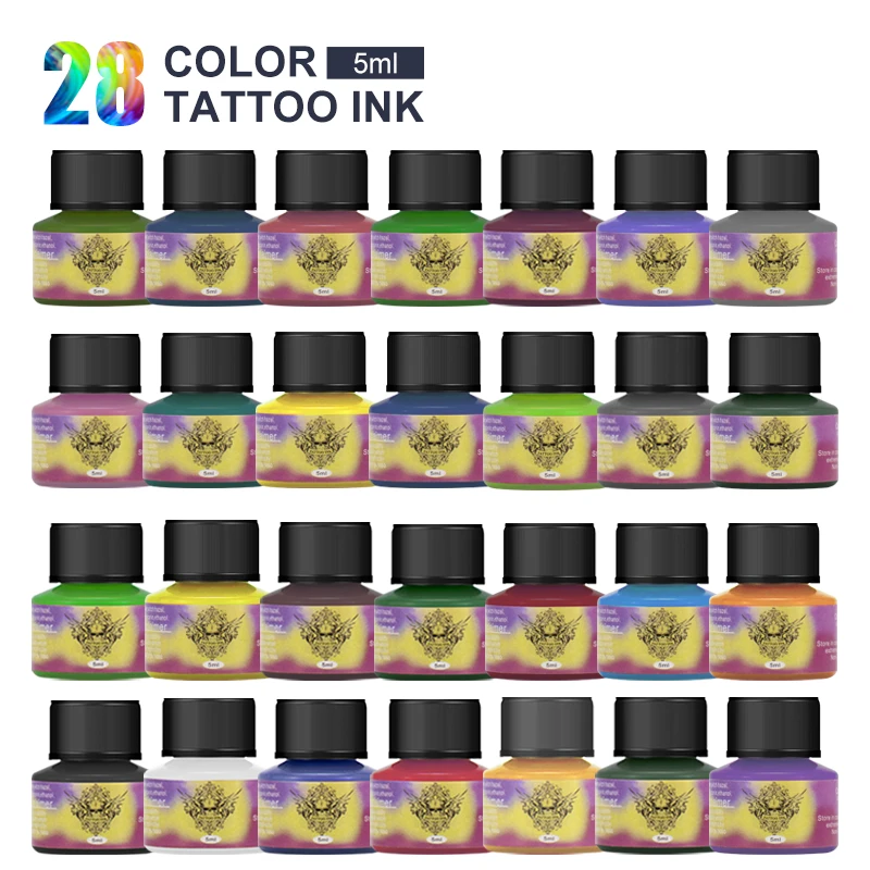 

28pcs/set Professional Tattoo Ink 5ml Pigment Safe Half Permanent for Body Art Makeup Tattoo Kit Practice Set Tattoo Color Inks