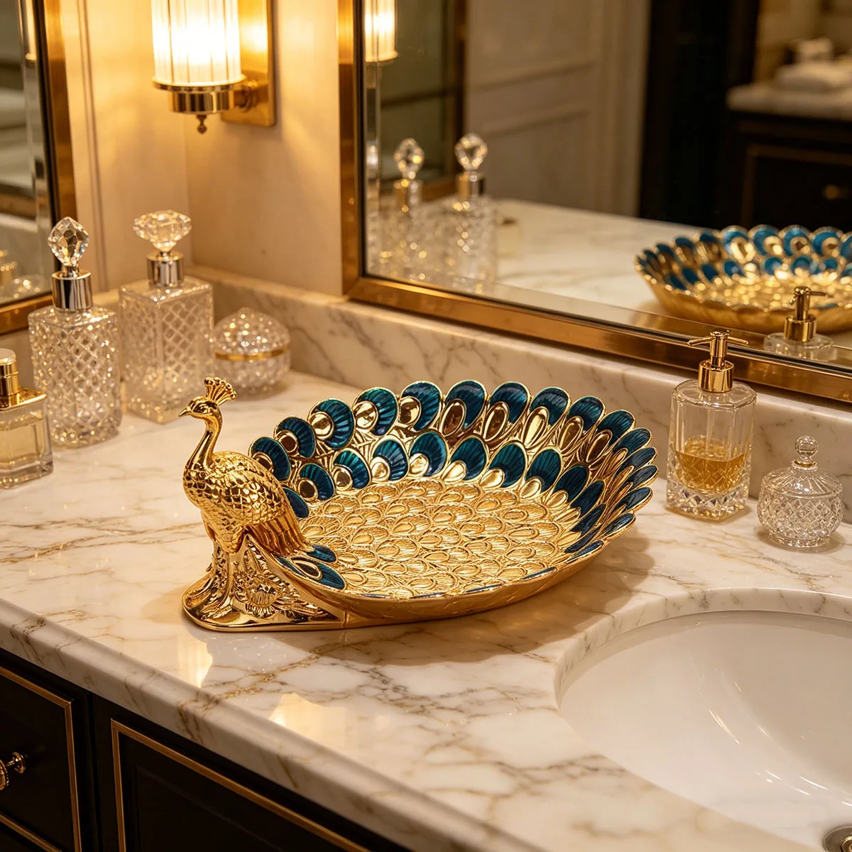 Golden Peacock Decorative Tray - Luxury Home Storage & Ornament Tray for Bedroom, Living Room, Dining Table