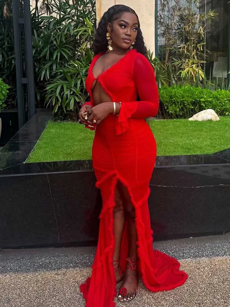 Sexy vestidos vermelhos para mulheres primavera manga longa elegante oco para fora vestido de noite feminino festa fenda lateral vestidos longos chiques
