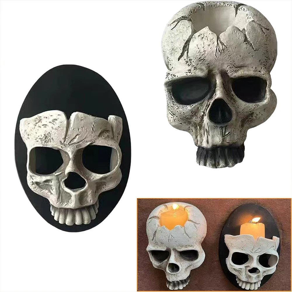 

Wall-mounted Resin Skeleton Head Candle Holder Halloween Decoration Ornament for Home Bar Carnival Kids Gifts Festival Crafts