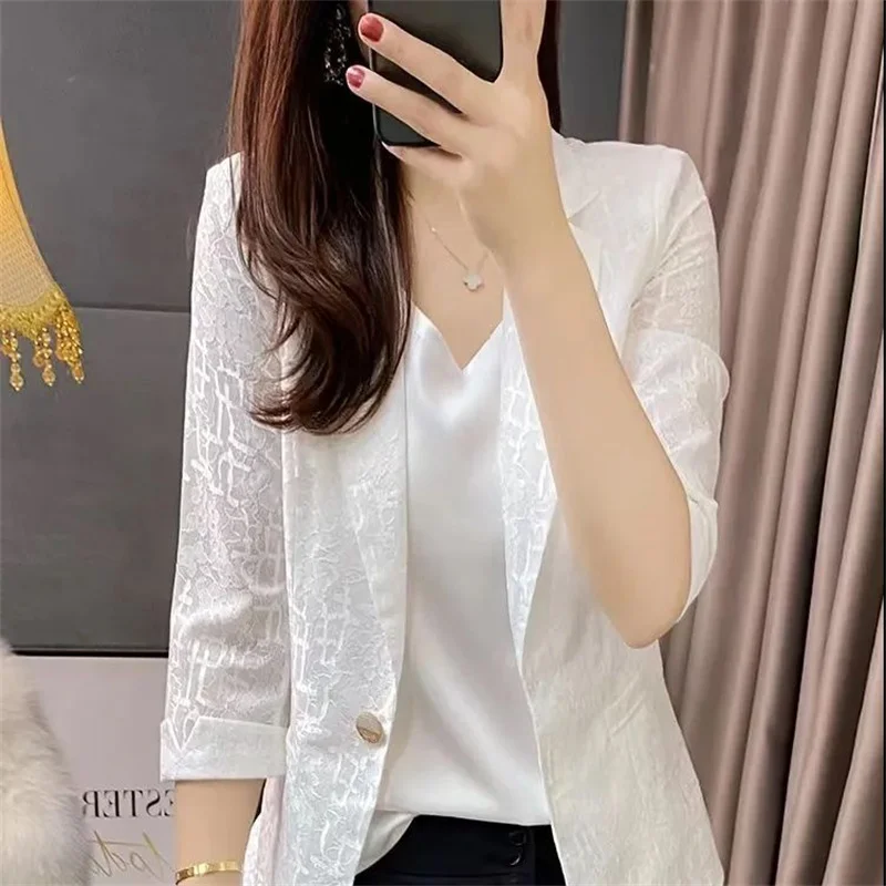 2023 Summer Female Thin Sunscreen Clothing Suit Women New High Grade One Button Small Suit Shawl Elegant and Slim Lace Top Coat