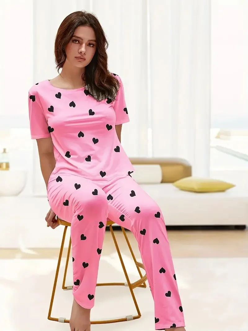 New style women\'s pajamas short sleeve shirt trousers heart pattern casual elegant two-piece home decoration