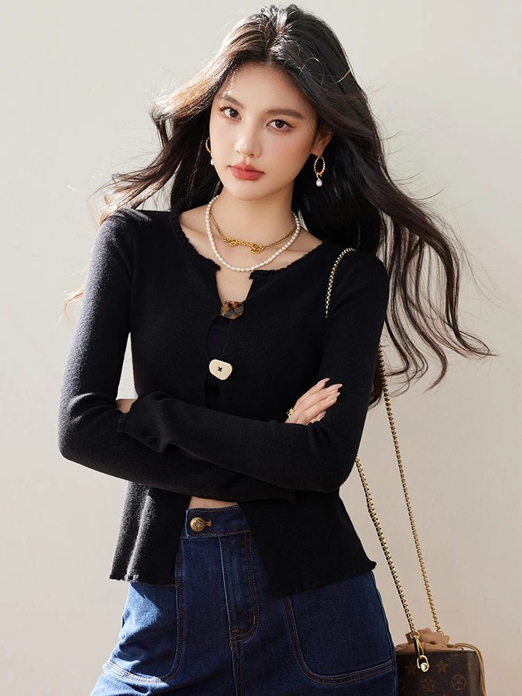 Moda damska Slim Fit Dzianinowe topy Wiosna Nowe Pulowery Eleganckie Szykowne Swetry z długim rękawem V-neck Casual Wszechstronny Top Y2k