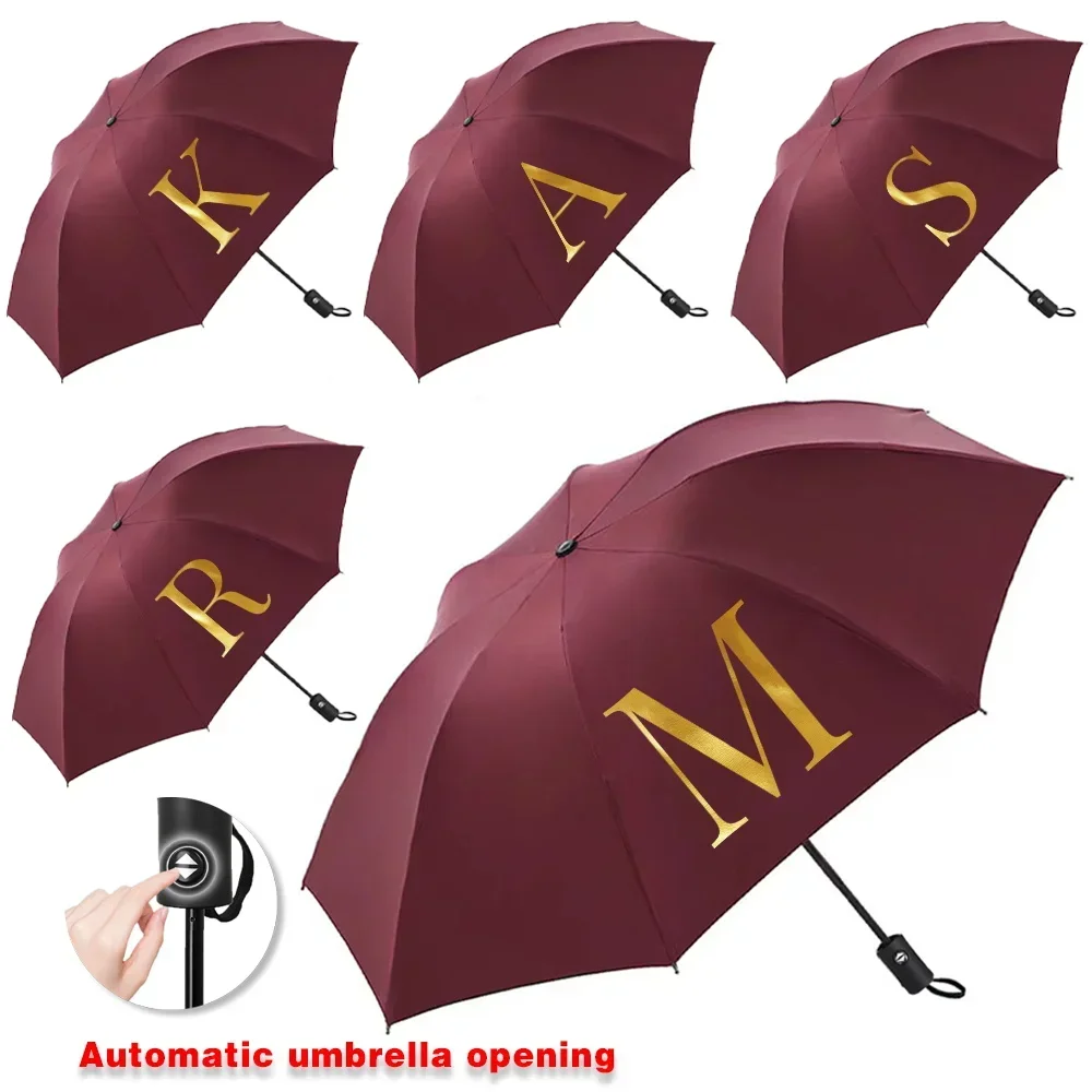 

Automatic Umbrellas for Sunshine Rainy Windproof Strong Umbrella Folding Large Buckle Handle Double Bone Resistant Letter Print