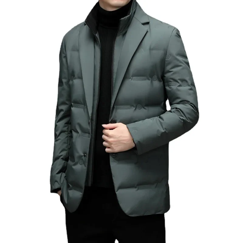 Jaqueta de pato masculino para baixo puffer, casaco com gola cachecol e terno, design falso de duas peças, branco, inverno, JK-021