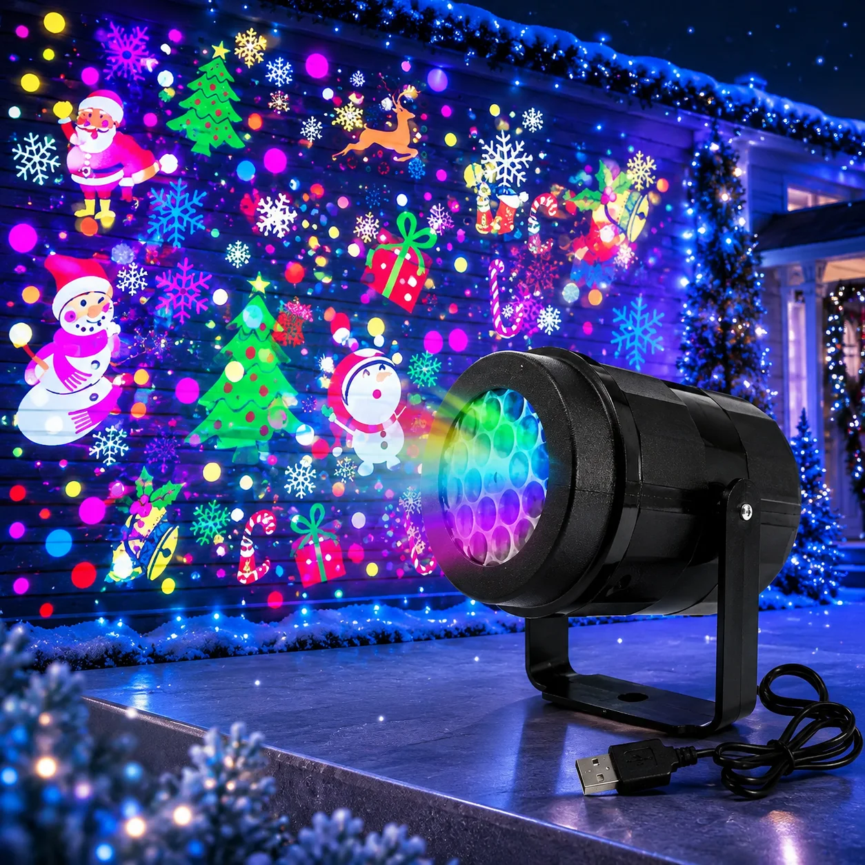 16 Patterns LED Christmas Projection Light USB Rotating Snowflake Santa Projector Lamp for Home Garden Party Holiday Decoration