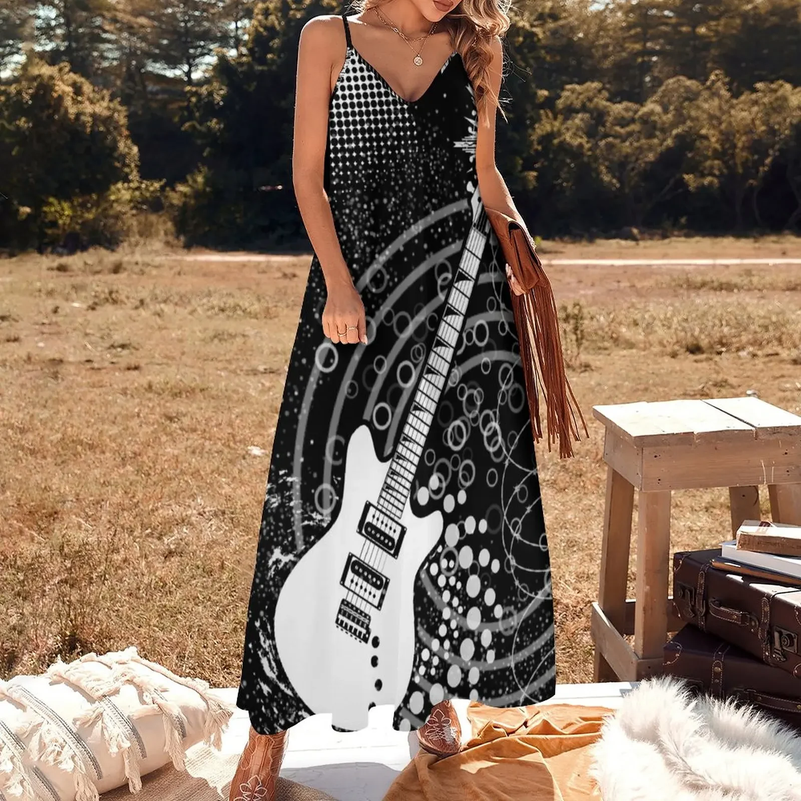 Vestido sin mangas con grafiti de guitarra en blanco y negro para mujer embarazada, vestido largo para mujer