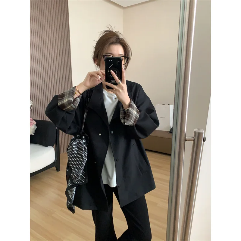 Women Trench Coats Patchwork Jackets Turn Down Collar Long Sleeve Single Breasted Mid Length Loose Y2k Casual 2025 Autumn Winter