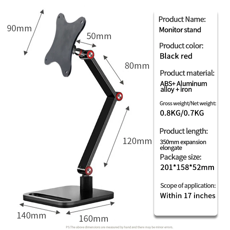 Portable Monitor Stand Height Adjustable Vesa Monitor Stand Free Standing Desk Mount for 17.3inch Monitor Holder Support Bracket