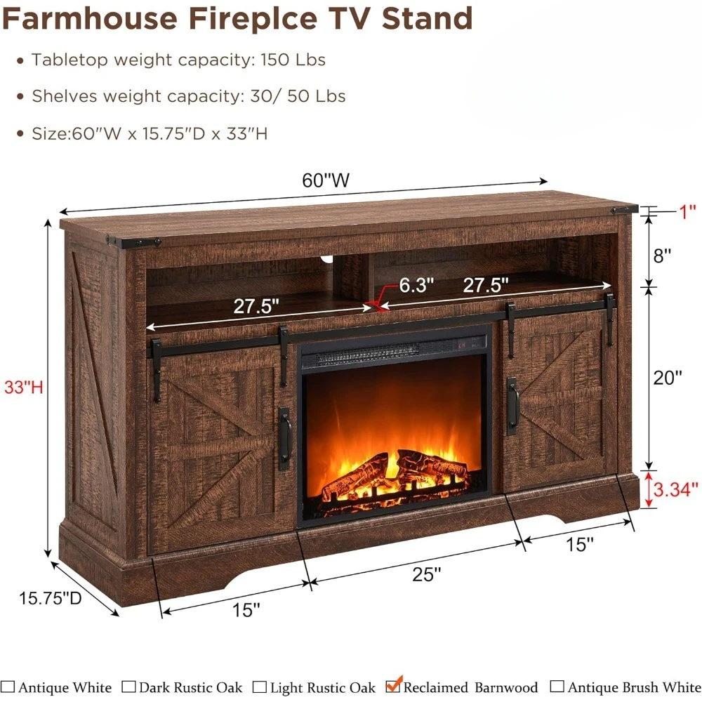 Fireplace TV Stand for 65+ Inch TV, Entertainment Center W/ 23'' Electric Fireplace & Liding Barn Door, 33