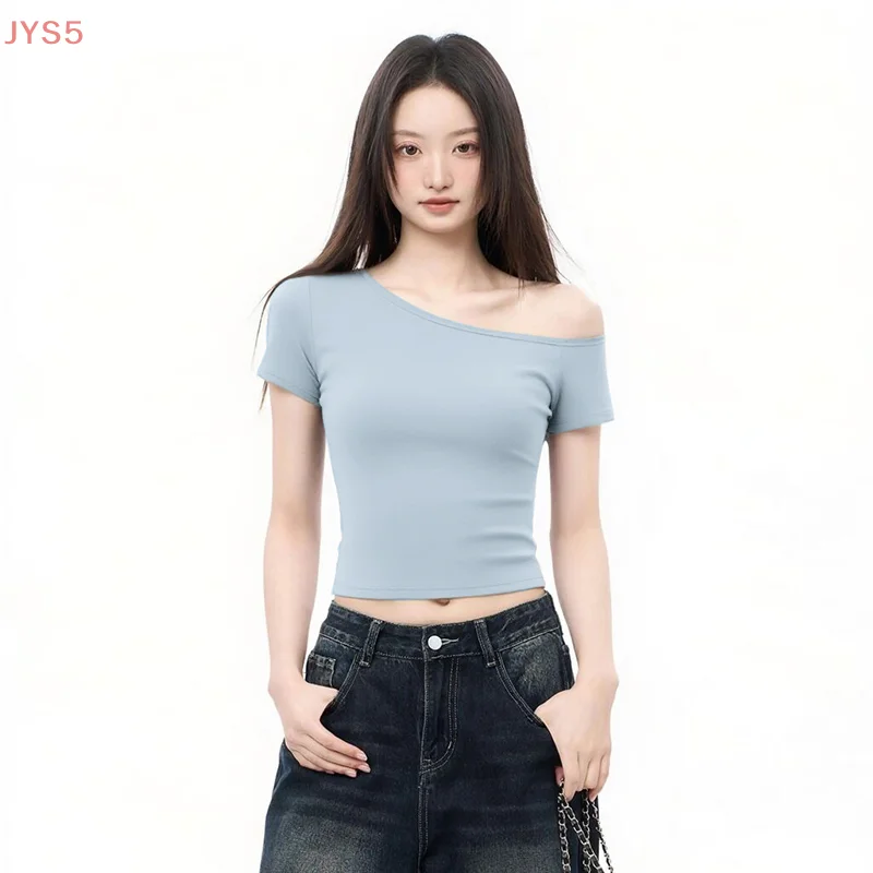 

Slant Shoulder Short Sleeve Tops Women Design Summer Solid Color Strapless T-Shirt