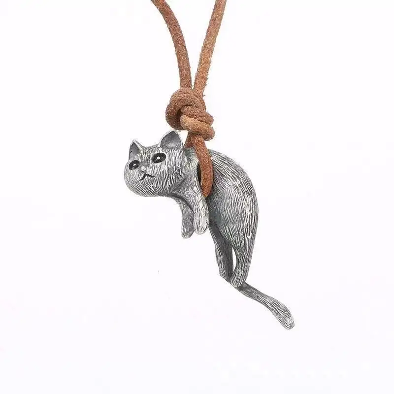 Vintage Cute Cat Dangle Necklaces for Women Men Brown Rope Couple Necklace Jewelry Valentine\'s Day Gift