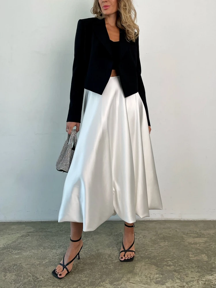 Sumuyoo Fashion Beige Satin Skirts For Women Elegant High Waist Office Lady Ankle-Length Skirt Casual Loose Skirt Female Clothes